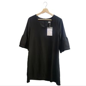 NWT BELONGSCI Size M Black Wedding Guest Bell Sleeve Shift Dress Mini